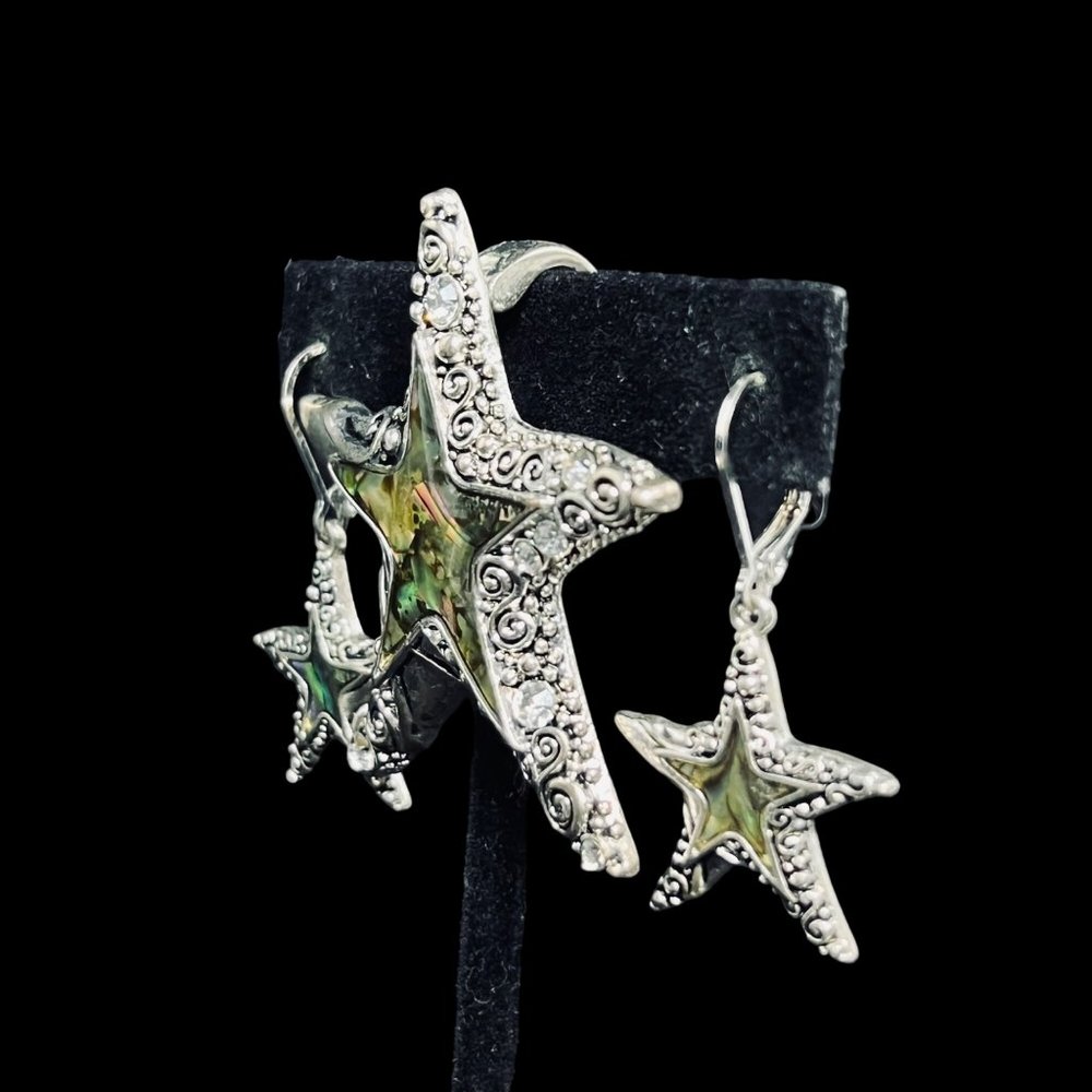 Silver Tone & Abalone Shell Magnetic Star Pendant W/Pierced Earrings Set (5098) - Picture 2 of 11